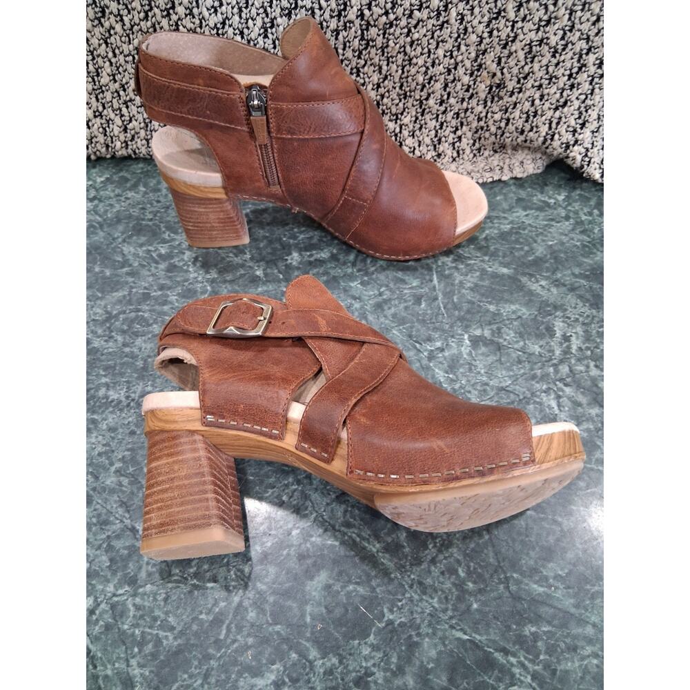 Dansko Sandals SZ 6.5-7 Arlene Platform Peep Toe Leather Stacked Block Heel Boho - Picture 6 of 12
